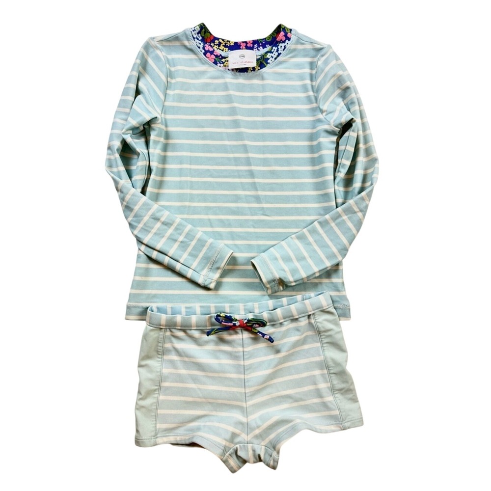 Hanna Andersson Swim Suit Rash Guard Light Blue Striped Floral Trim 120 6-7 yrs